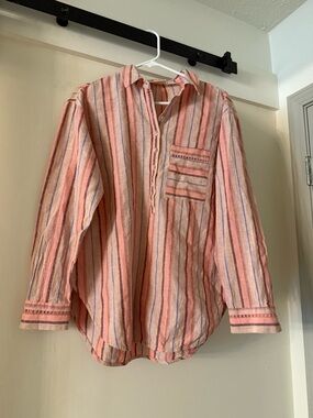 Anthropologie Peach and Blue Striped Button-Down Shirt